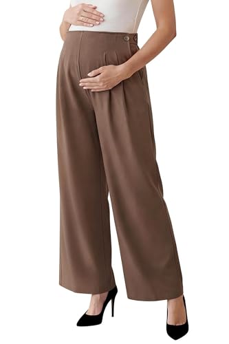 OUGES Women's Linen Maternity Pants Casual Work Adjustable Waist Straight Leg Business Office Trousers with Pockets - color: Dark Brown, size: X-Large