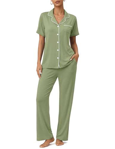 Womens Pajamas Sets 2 Piece Button Up Pj Sets Short Sleeve with Long Pant - color: Bean Greens, size: X-Small