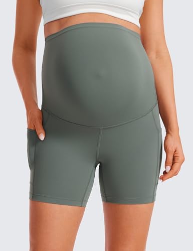 CRZ YOGA Maternity Biker Shorts Pockets 5" - color: Grey Sage, size: Medium