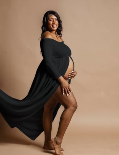 Maternity Off Shoulder Chiffon Gown Long Sleeve Front Split Maxi Photography Dress for Photoshoot - color: Black, size: Medium