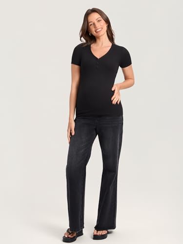 MOMANDA Cotton Ribbed Henley Maternity Tshirts - color: Black, size: X-Large