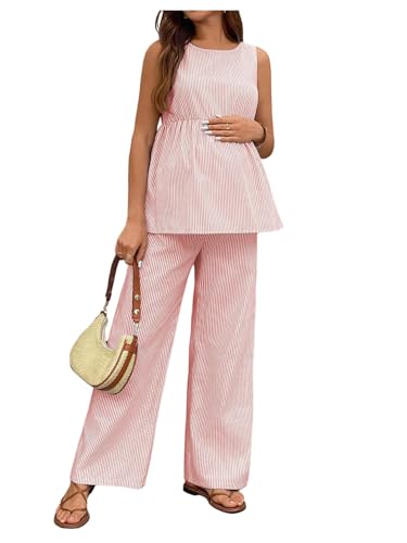 MakeMeChic Women's Maternity 2 Piece Outfits Striped Tank Top and Pants - color: Red and White, size: Large
