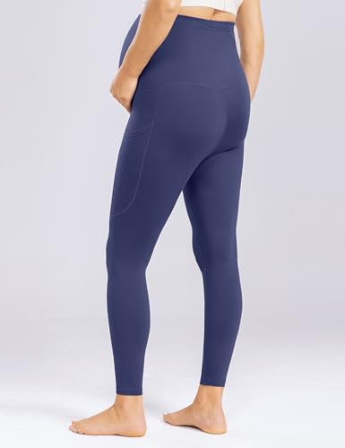 Enerful Maternity Leggings with Pockets Yoga Tights - color: Navy Blue, size: Small