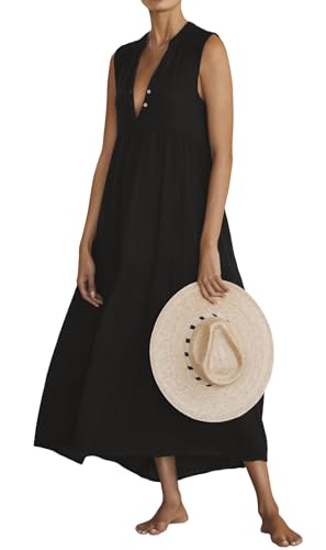 R.Vivimos Womens Summer Cotton Button V Neck Maxi Dress - color: Black, size: Medium