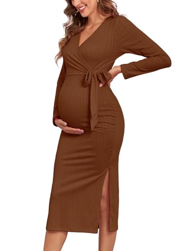 2026 Fall Rib Knit Maternity Nursing Dress Knot Side Long Sleeve V Neck Bodycon Wrap Pregnancy Split Dresses - color: Brown, size: Small