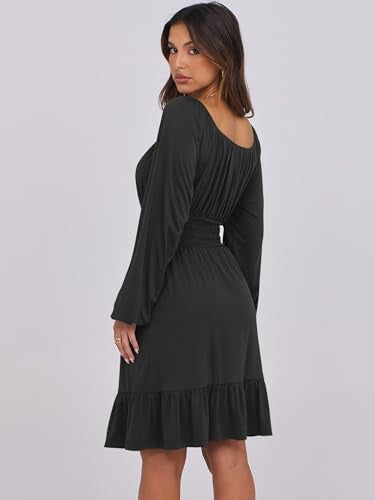 ANRABESS Women Long Lantern Sleeve Square Neck Fall Short Dress - color: Black, size: Small