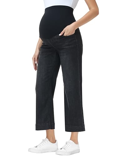 Foucome Women's Maternity Jeans Wide Leg Pregnancy Capris - color: Wash Black, size: XX-Large