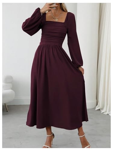 Floerns Women's Square Neck Lantern Long Sleeve Split Ruched Midi Dresses - color: Maroon, size: Medium