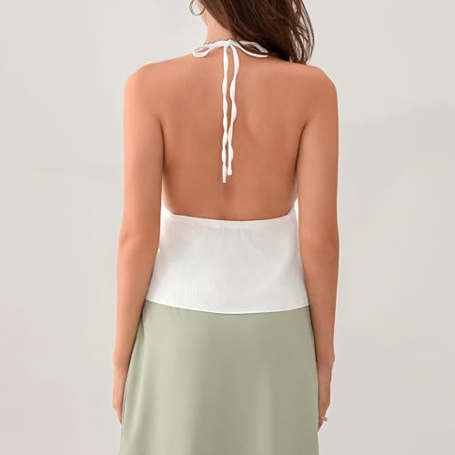 Women Front Tie Top Y2k Halter Neck Flowy Summer Going Out Tank Top Streetwear - color: A White, size: Medium
