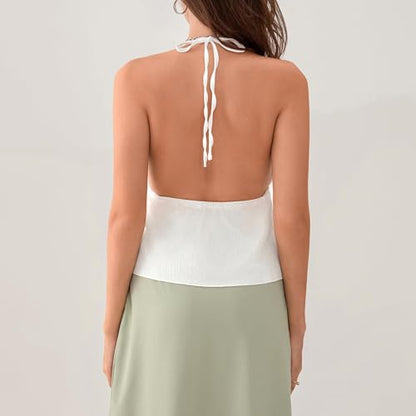 Women Front Tie Top Y2k Halter Neck Flowy Summer Going Out Tank Top Streetwear - color: A White, size: Medium