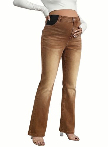 BLENCOT Women Maternity Jeans Bootcut High Rise Denim Pregnancy Pants Work - color: Brown, size: Medium