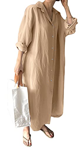GGUHHU Womens Chic Button Down Rolled-Up Sleeve Long Cotton Blouse Maxi Dress - color: Khaki, size: Medium