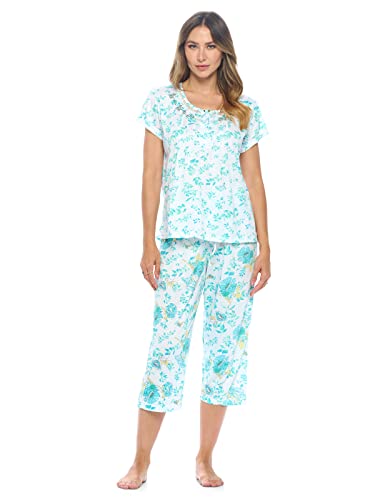 Casual Nights Women's Sleepwear Floral Top & Capri Pants Pajama Set Shirt with Printed Bottom Pjs - color: Green, size: Medium