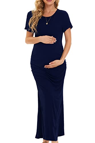 Smallshow Women's Split Long Short Sleeve Maternity Dress - color: Navy, size: X-Large