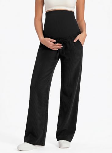 BLENCOT Maternity Pants Over Belly Wide Leg Pregnancy Casual Sweatpants - color: Black, size: Small