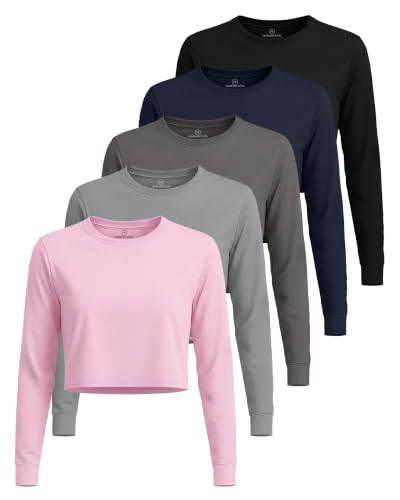 5 Pack Women's Dry Fit Long Sleeve Crop Tops Workout Athletic Crew Neck Tee - color: Set 14, size: X-Small