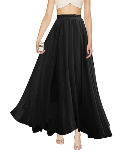 v28 Women Full/Ankle Length Elastic Pleated Retro Maxi Chiffon Long Skirt - color: Black, size: 3X-Large