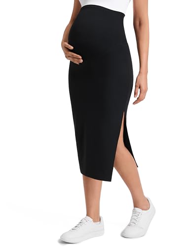 CRZ YOGA Maternity Side Split Midi Skirts - color: Black, size: X-Large