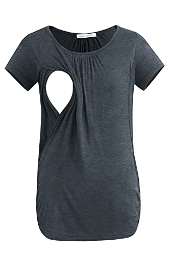 Smallshow Women's Nursing Tops Ruched Short Sleeve Breastfeeding Shirts 3-Pack - color: Black-deep Grey-white Stripe, size: Small