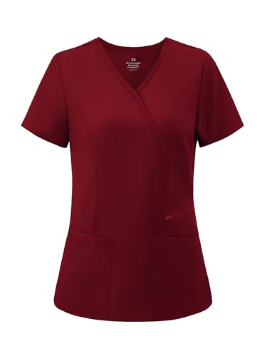 Scrub Tops for Woman, Mock Wrap Tops - color: Burgundy, size: Large