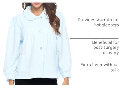 Casual Nights Women's Chenille Bed Jacket, Button Front Long Sleeve Sleep Top with Pockets - color: Blue, size: 3X
