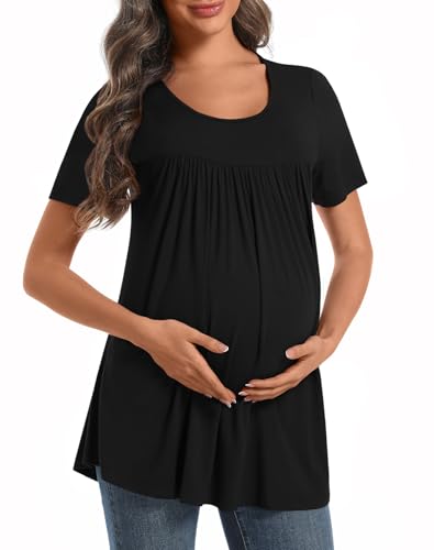 Maternity Tops for Women Summer Pleated Shirt - color: Black, size: Small