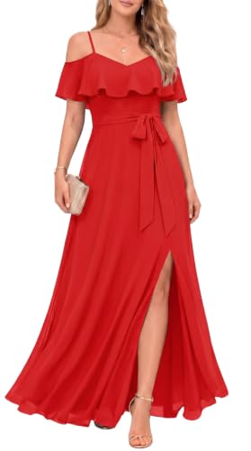 Formal Dresses Off the Shoulder Chiffon A-Line Long Dress Split Women - color: Red, size: Large