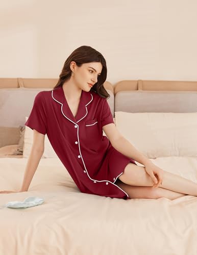Ekouaer Womens Cotton Nightgowns Button Down Sleep Shirts Soft Night Shirts - color: Red, size: Medium