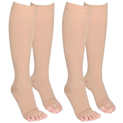 2 Pairs 20-30mmHg Knee High Compression Socks for Women, Open Toe - color: Beige, size: Large