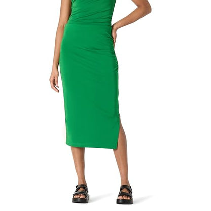 Amazon Essentials Women's Slim-Fit Ruched Matte Jersey Midi Skirt with Side Slit (Top Sold Separately) - color: Emerald Green, size: Medium