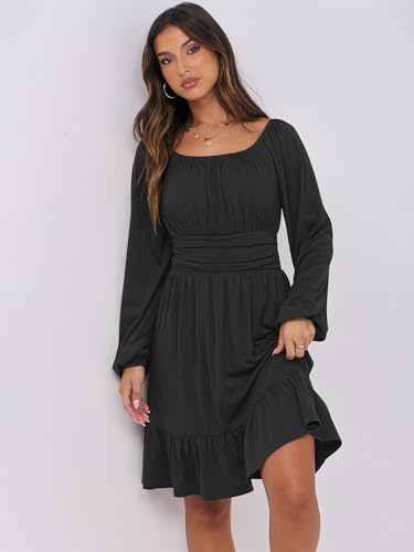 ANRABESS Women Long Lantern Sleeve Square Neck Fall Short Dress - color: Black, size: X-Large