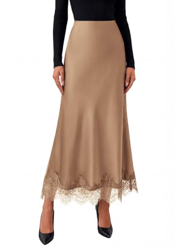 BTFBM Lace Trim Satin Skirts for Women Elegant - color: Coffee, size: Medium