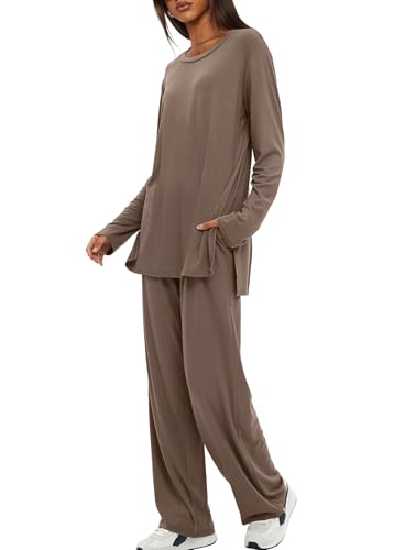 Darong Womens 2 Piece Fall Lounge Sets Oversized Tops Wide Leg Pants - color: Khaki, size: Large
