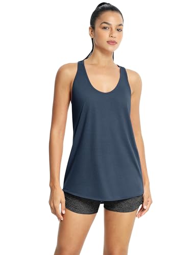 icyzone Women's Racerback Workout Athletic Running Tank Tops Loose Fit (Pack of 2) - color: True Navy/Grass Green, size: Medium