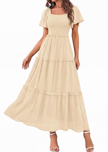 PRETTYGARDEN Womens Summer Dresses Boho Maxi Swiss Dot Dress - color: Beige, size: Medium