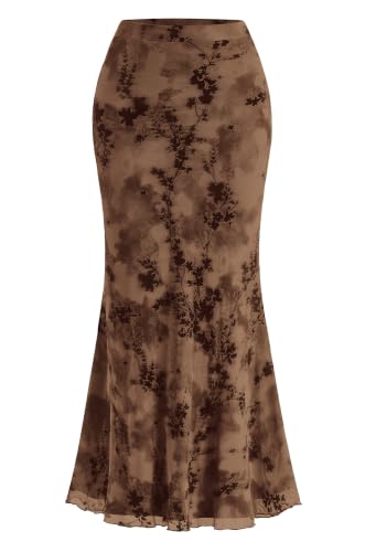 BTFBM Womens Floral Mesh Maxi Skirts - color: Brown, size: XX-Large