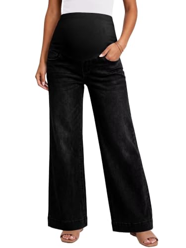 Yoklass Over The Belly Maternity Jeans Long Pants with Pockets - color: C01: Black, size: X-Large