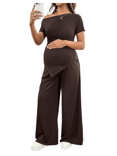 SweatyRocks Women's Maternity Sets 2 Piece Off The Shoulder Top and Pants - color: Brown, size: Large