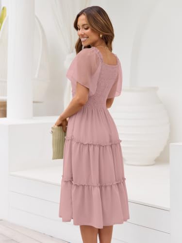 LILLUSORY Women Tiered Flutter Sleeve Square Neck Smocked Midi Dress - color: Pink, size: Medium