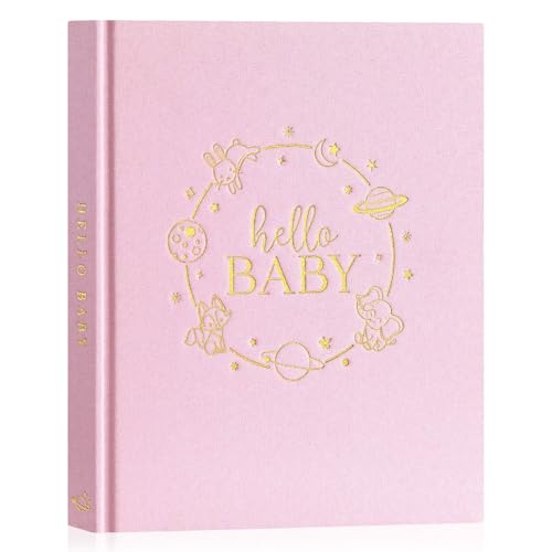 Lanpn Hello Baby Memory Book for Boy Girl - Linen Hardcover Baby Book Keepsake for New Parents - Newborn Baby First 5 Year Journal Scrapbook Photo Album Baby Milestone Book (Pink, 154 Pages) - color: Pink
