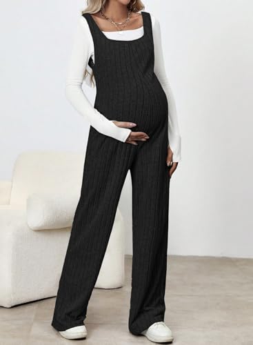BLENCOT Maternity Jumpsuit Sleeveless Square Neck Wide Leg Pants Romper - color: Black, size: Medium