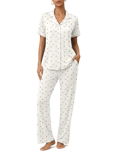Womens Pajamas Sets 2 Piece Button Up Pj Sets Short Sleeve with Long Pant - color: Apricot Cherry, size: X-Large