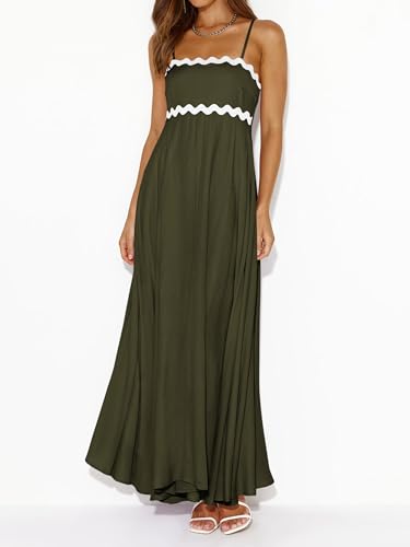 PRETTYGARDEN Women Spaghetti Strap Boho Maxi Dresses Flowy - color: Army Green, size: Large