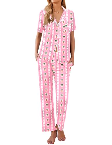 Ekouaer Womens Pajamas Set Short Sleeve Button Down Top & Pants Lounge Pjs - color: Carrot, size: Medium
