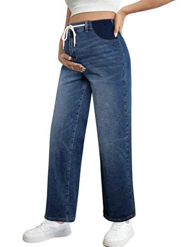 BLENCOT Maternity Jeans High Waisted Drawstring Straight Leg Denim Pants - color: Dirty Blue, size: Small