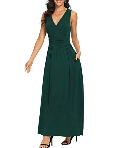 LILBETTER Women Sleeveless Deep V Neck Loose Plain Long Maxi Casual Dress - color: 01 Dark Green, size: Small