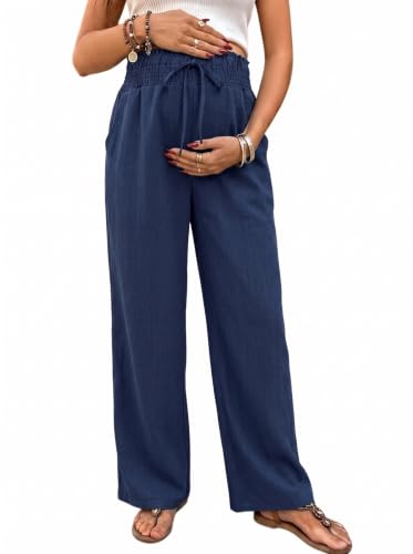 BLENCOT Maternity Pants Wide Leg High Waisted Flowy Pregnancy with Pockets - color: Navy Blue, size: Medium