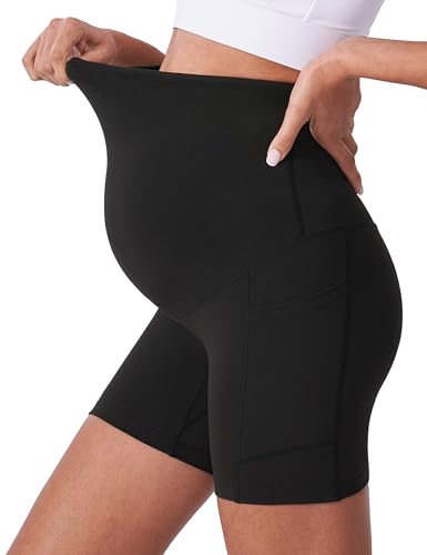 POSHDIVAH 3/4 Pack Maternity Biker Shorts Over The Belly with Pockets 5"/8" - color: Black/Grey/Wine 5", size: Small