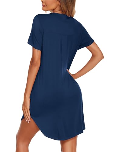 Ekouaer Womens Nightgown V Neck Button Down Sleepshirts Soft Sleepdress - color: Navy Blue, size: Small