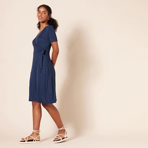 Amazon Essentials Women's Short Sleeve V Neck Faux-Wrap Dress, Fitted - color: Navy, size: Medium